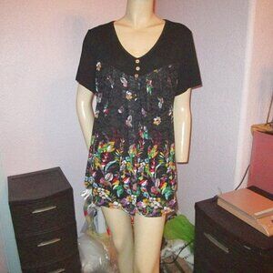 Vtg Y2K Lace Mesh Top Size L Short Sleeve Floral Cottage Fairy Whimsigoth Boho